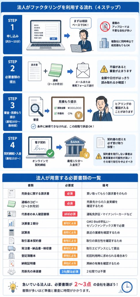 法人がファクタリングを利用する流れと必要書類
