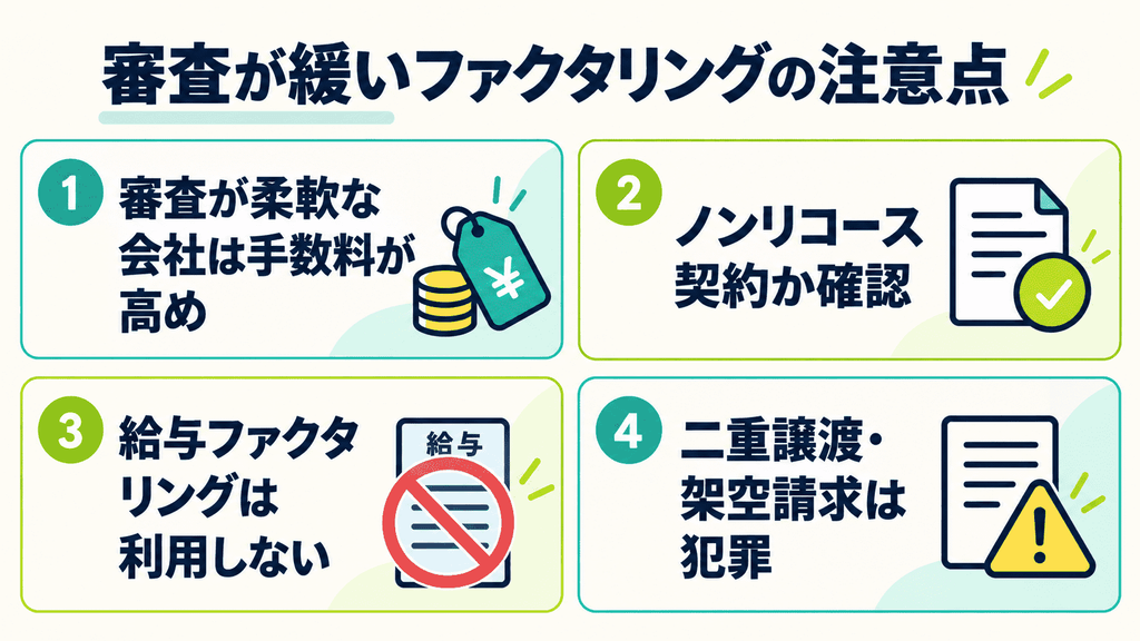 審査が緩いファクタリングを利用する際の注意点